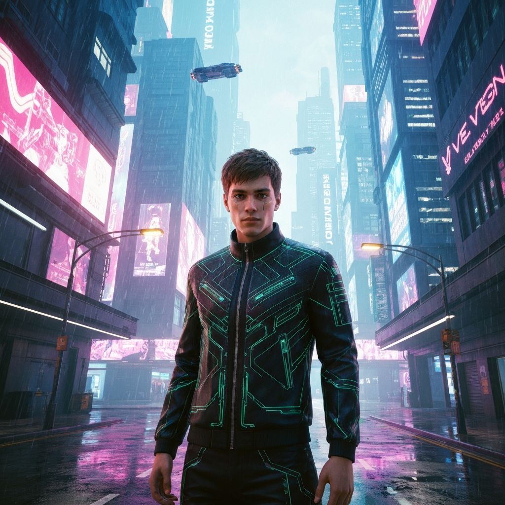 Model wearing V jacket in neon lighting