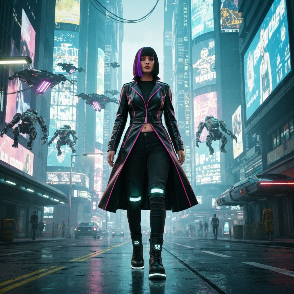 Model walking through neon streets